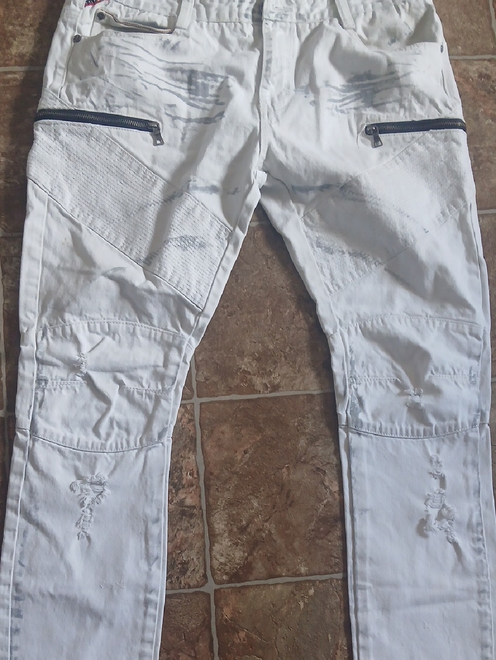 Euc Square Zero White Moto Jeans Distressed With Zipper Size 38 View 3
